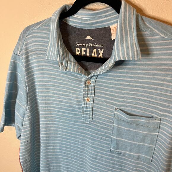 Tommy Bahama Relax Blue and White Striped Polo Shirt Size M - Picture 2 of 4